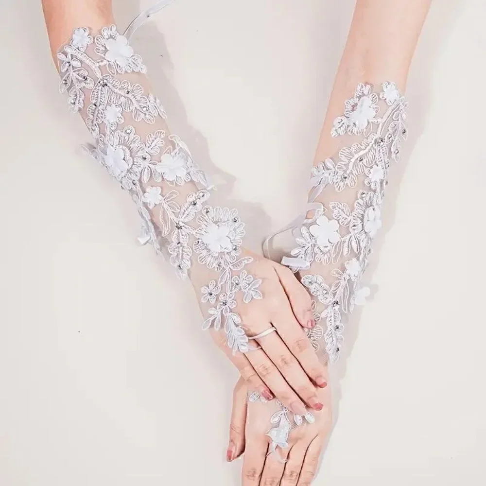 White Tulle and Lace Fingerless Bridal Wedding Gloves With Rhinestone Accents